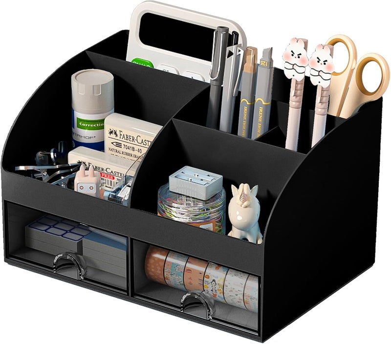 COMFYROOM Desk Organizer with 6 Compartments and 2 Drawers, Plastic Makeup Organizer, Pen Holder for Desktop Storage, Desk Organization for School, Home, Office Supplies (Black) - Image 1